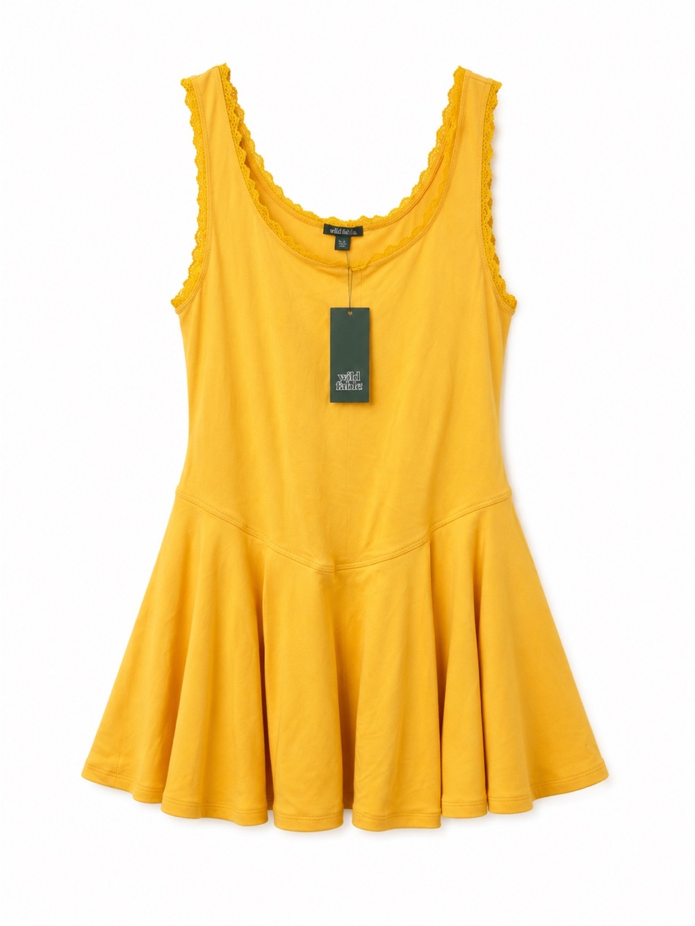 Yellow Scoop Neck Lace-Trim Swing Dress